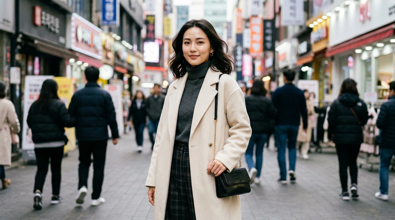 台灣女生在首爾明洞街頭展現光澤肌膚與立體輪廓