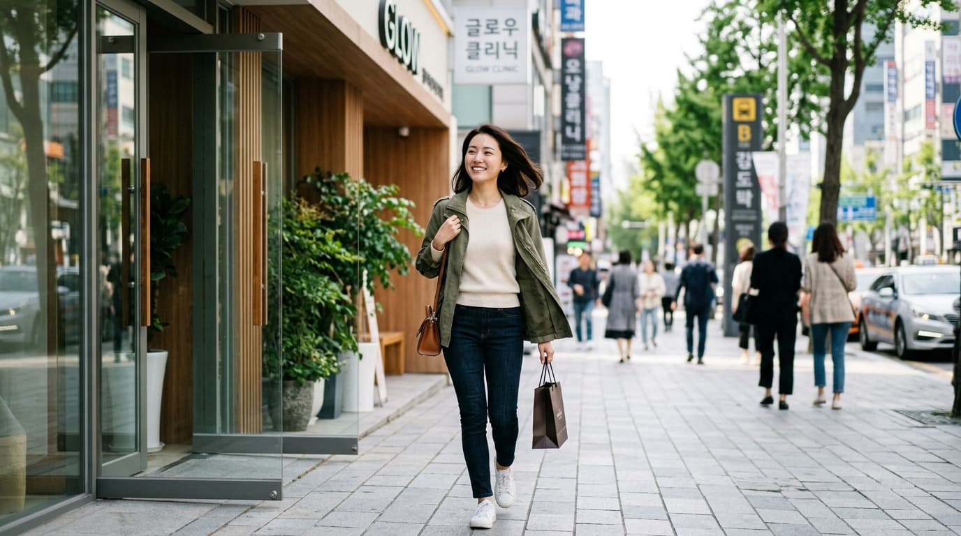 台灣女生走出首爾江南醫美診所,展現NewJeans同款水光肌