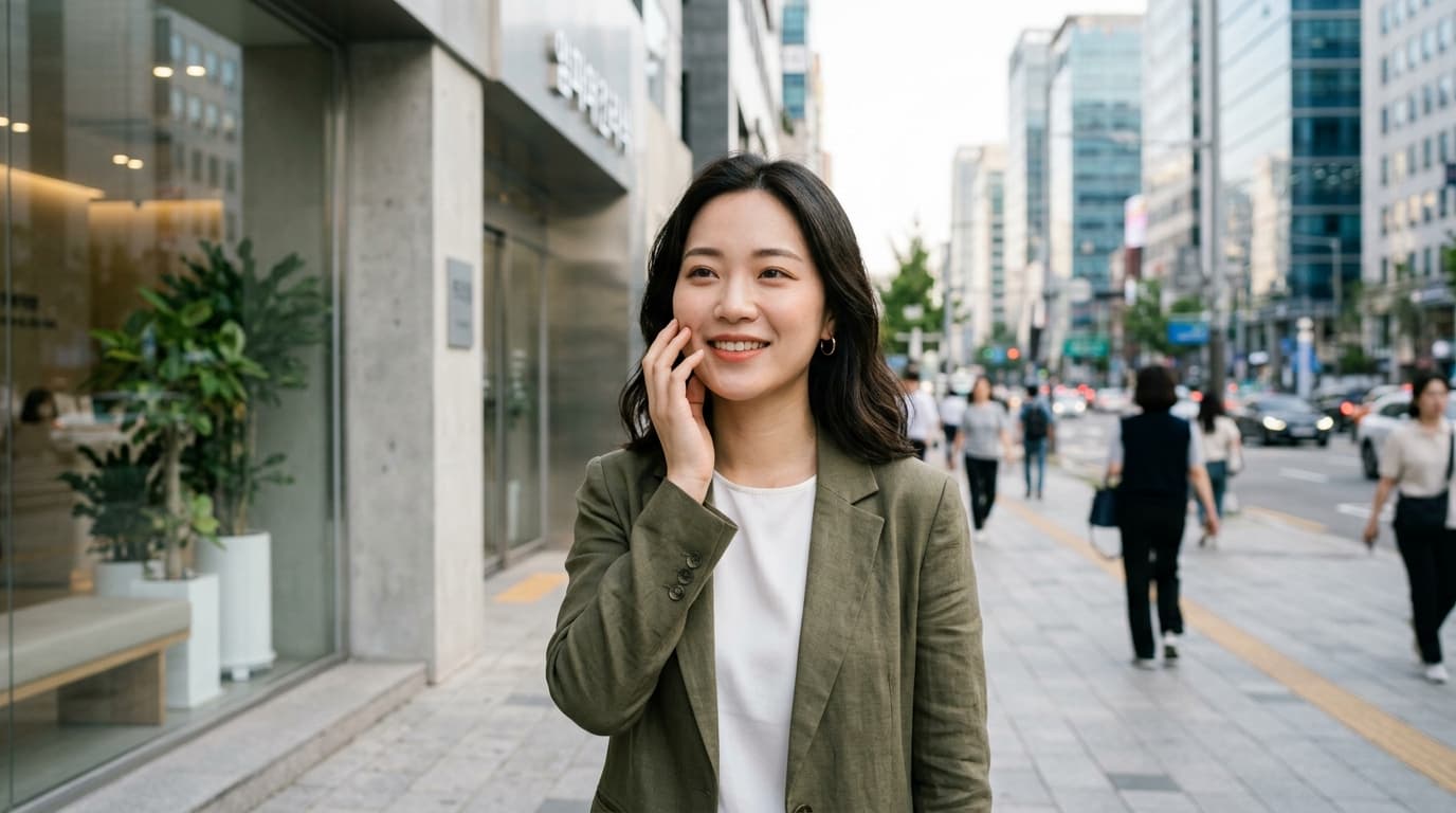 台灣女生在首爾江南醫美診所外,展現自然自信的笑容