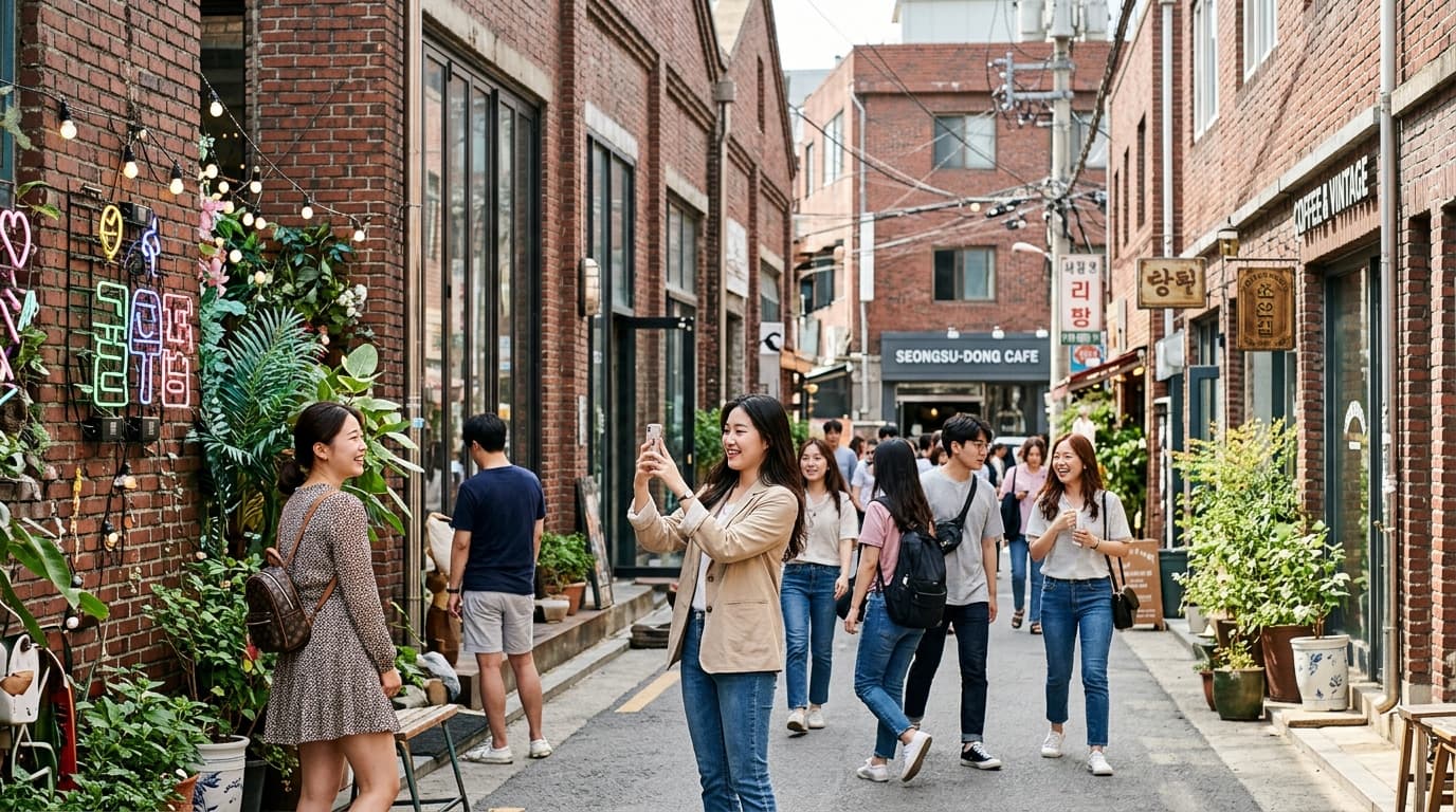 首爾聖水洞潮流街景與年輕旅客在韓劇取景地拍照