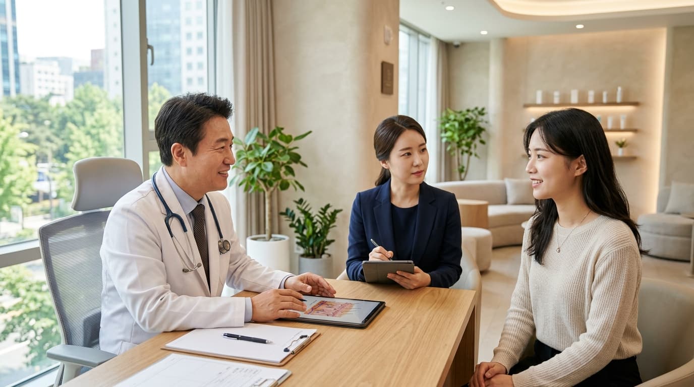 台灣女生在首爾江南皮膚科接受醫師與現場中文翻譯諮詢的情境