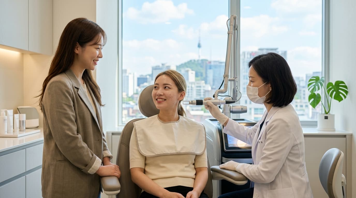 台灣女生在首爾皮膚科診所進行痘疤凹洞治療,旁有中文翻譯陪同