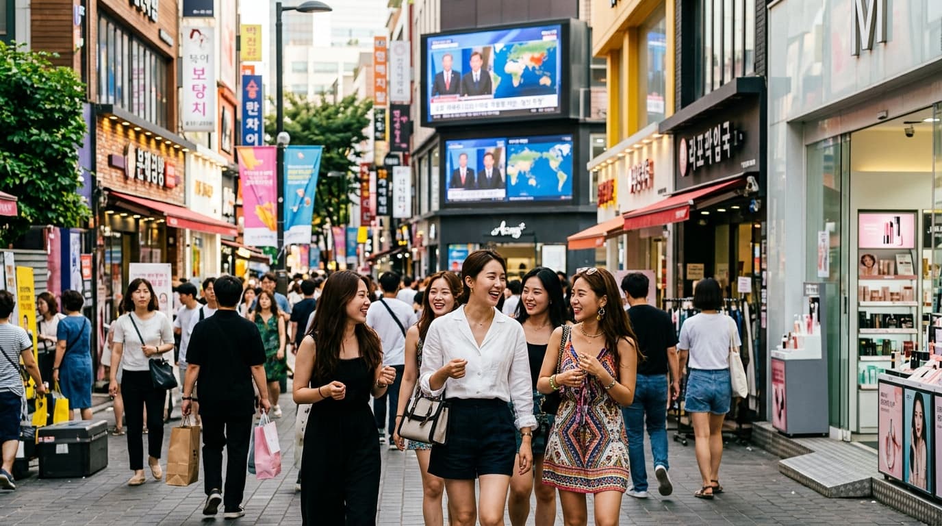 首爾明洞夏日街景、年輕女性經過醫美診所與商圈