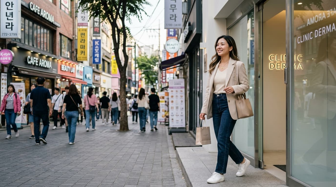台灣女生走出明洞醫美診所,背景是首爾街景與咖啡廳