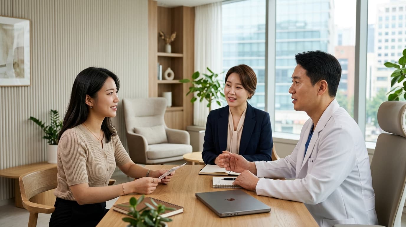 韓國江南醫美診所內,台灣女生與醫師及中文翻譯諮詢的情景