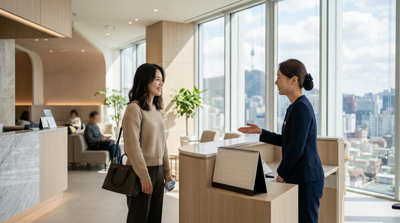 年輕台灣女性在首爾現代眼科診所大廳,與工作人員交流的情景