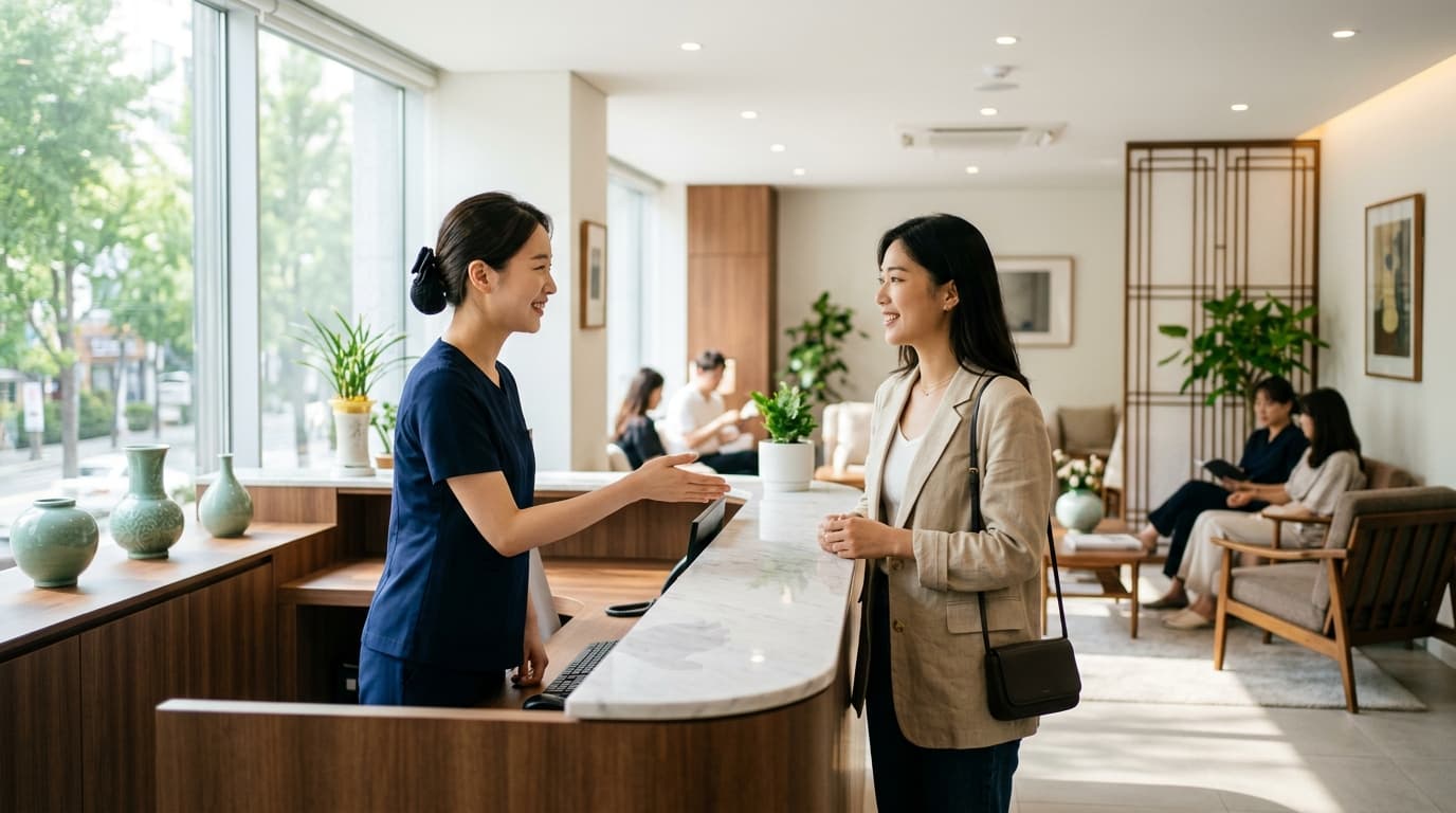 首爾現代皮膚科診所內,台灣女生與接待人員交流的情景