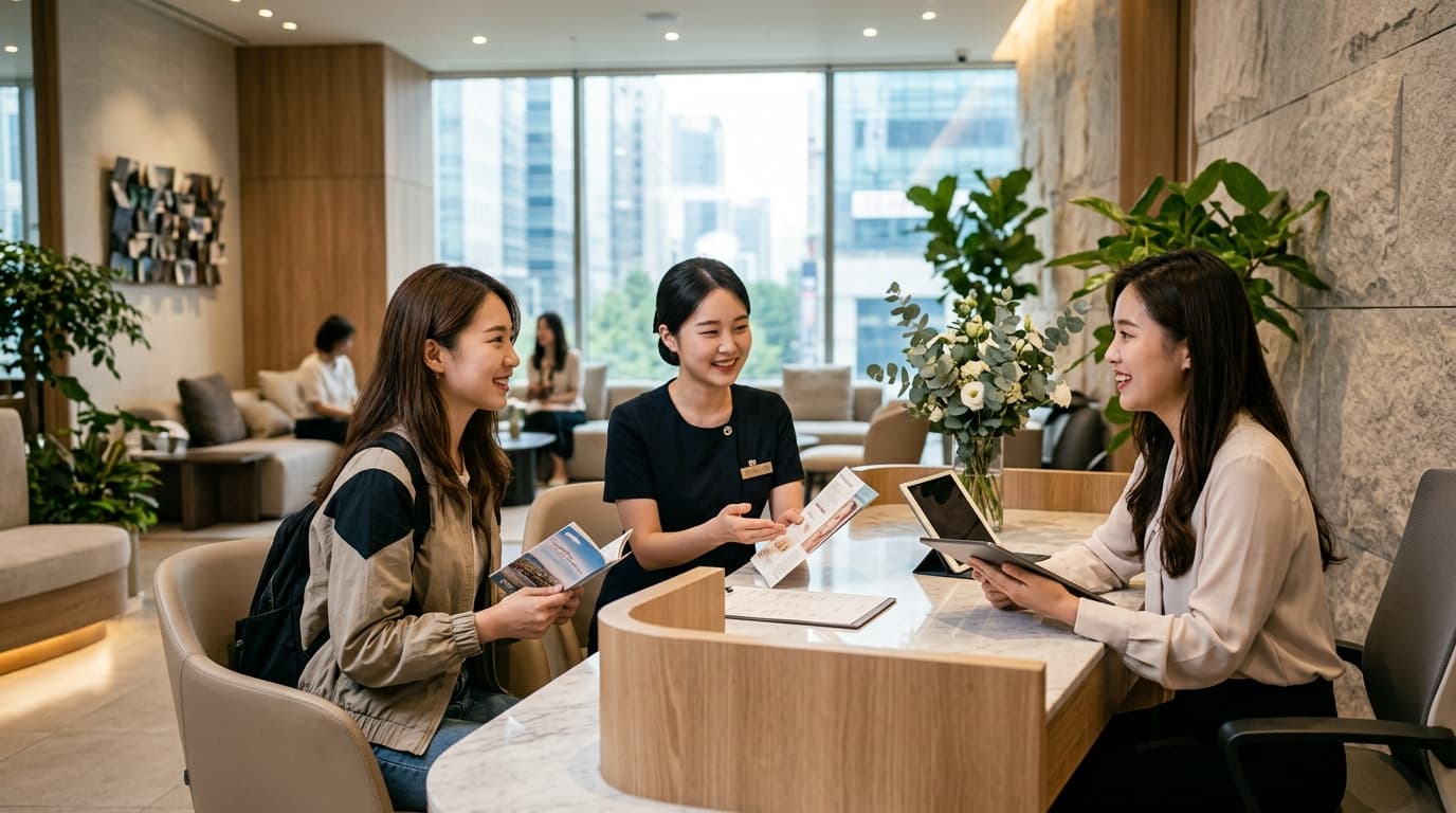 台灣女生在首爾江南皮膚科診所櫃檯由中文翻譯協助諮詢