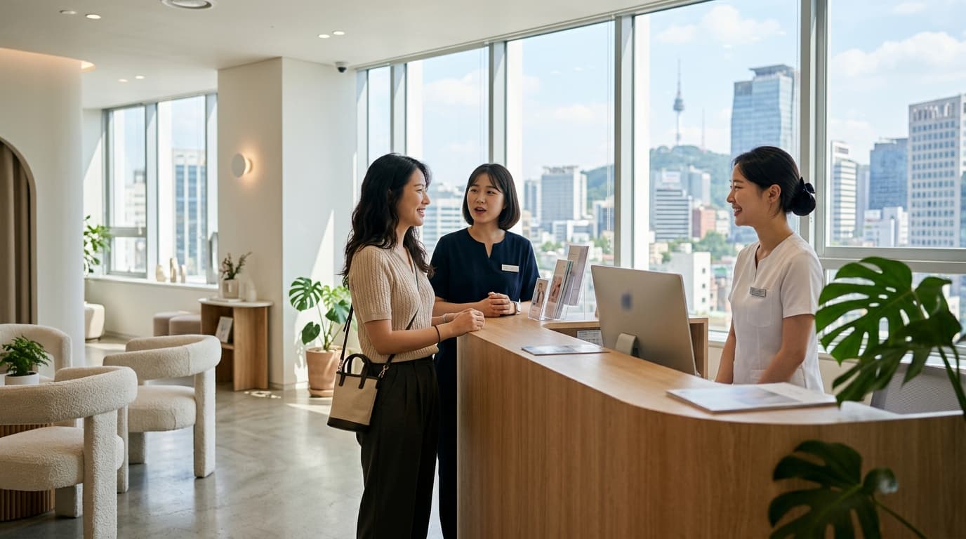 首爾醫美診所大廳,台灣女生與中文翻譯專員微笑接待