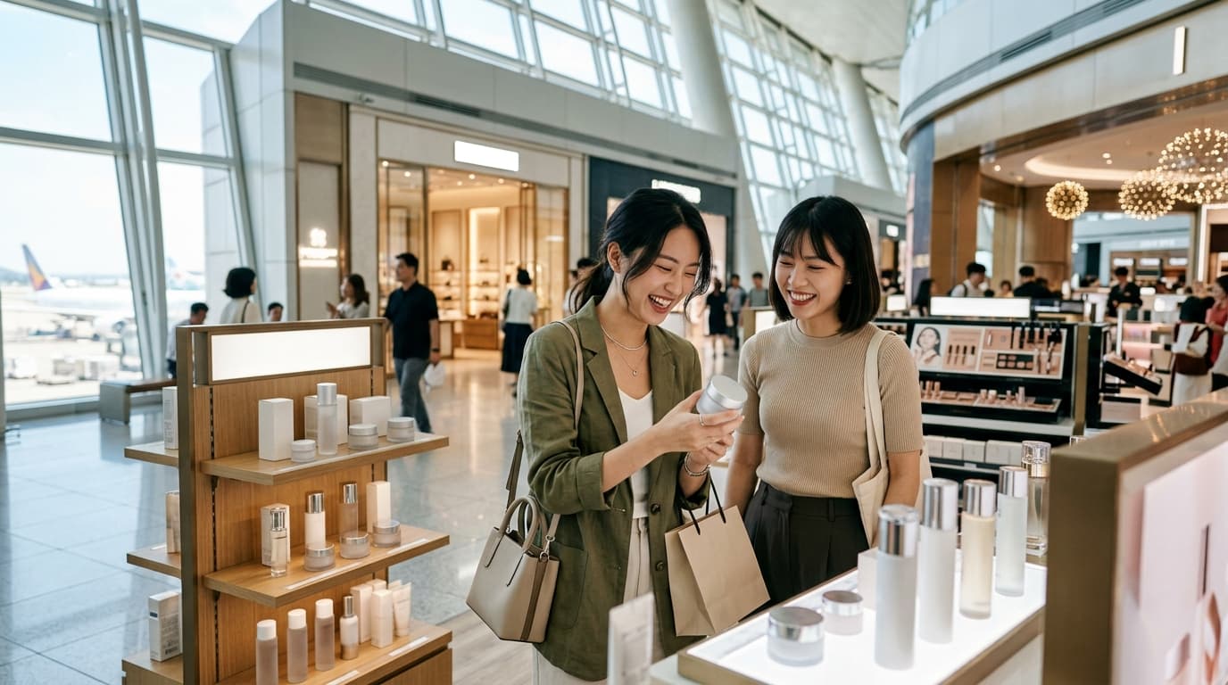 2026年仁川機場免稅店,台灣女生開心購物的明亮場景