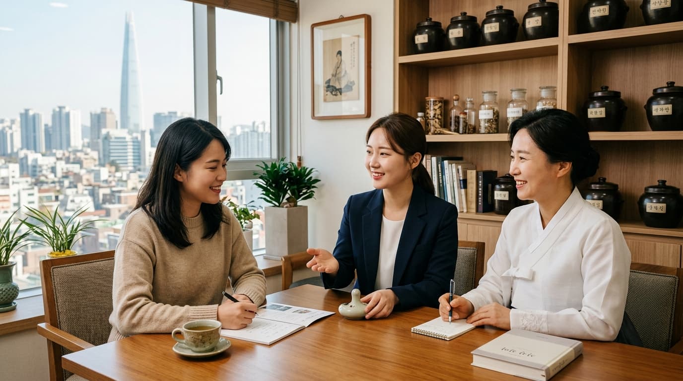 首爾江南韓醫診所內,台灣女生諮詢減肥療程,現場有中文翻譯協助