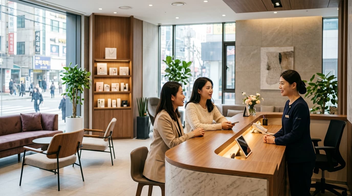 首爾江南整形外科診所櫃檯,台灣女生與韓國人員及中文翻譯對話