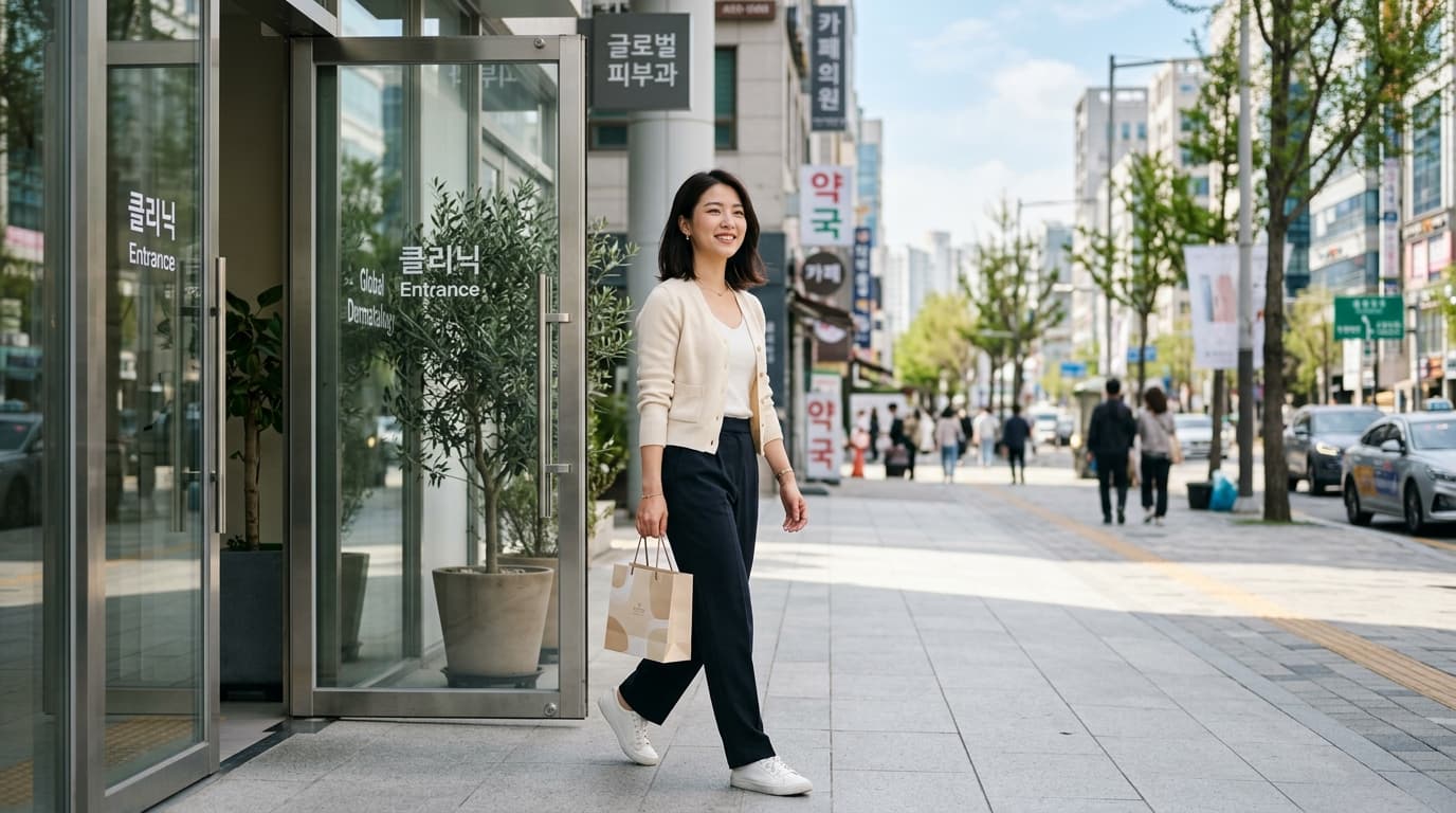 台灣女生在首爾江南皮膚科診所外,剛完成療程正準備逛街