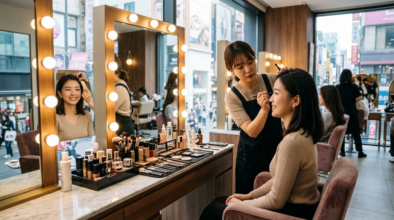 台灣女生在首爾明洞美妝沙龍,專業彩妝師化妝,窗外可見熱鬧街景