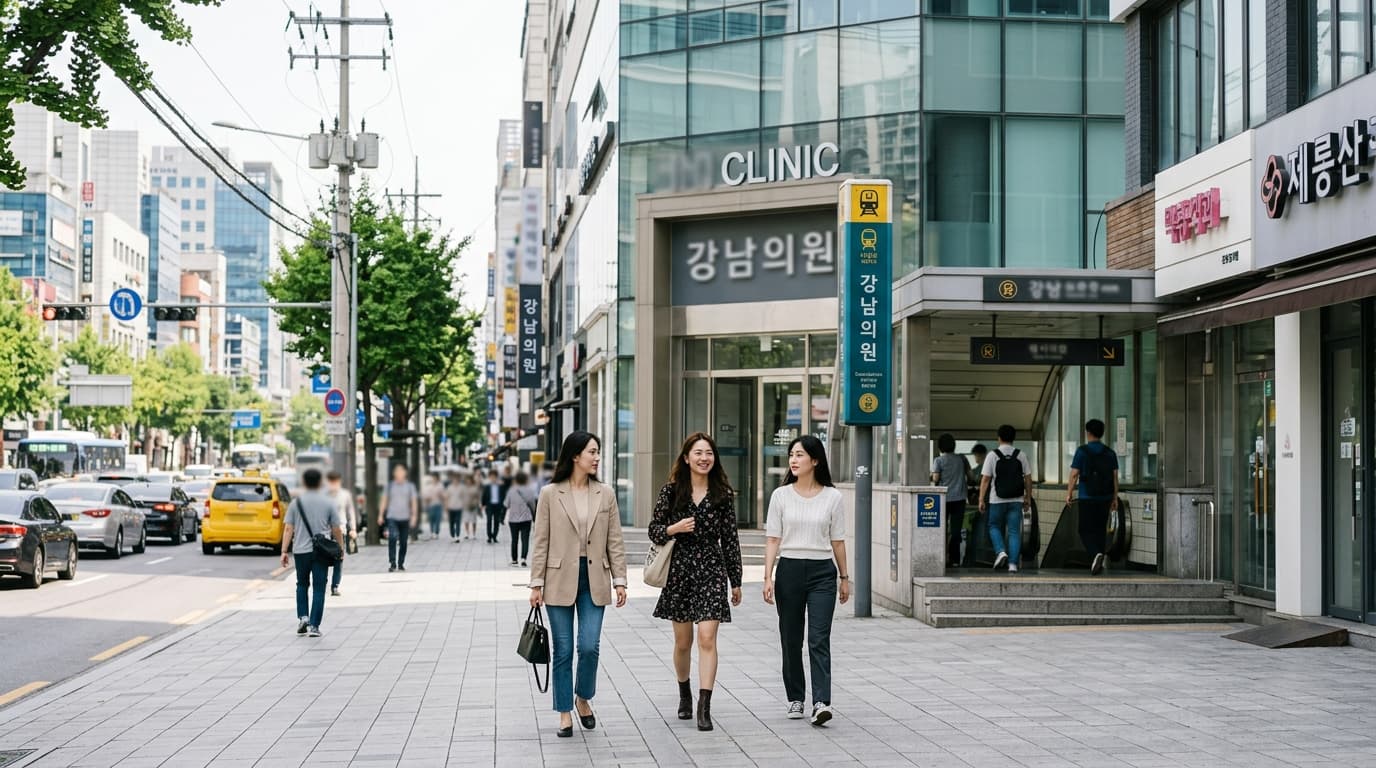 首爾江南現代整形診所外觀,年輕女性經過,晴天街景