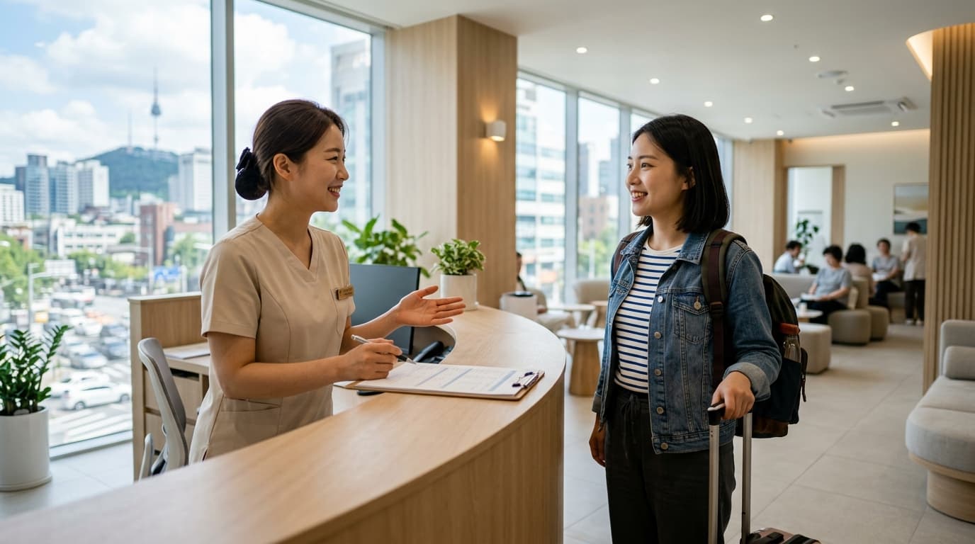 韓國現代牙科診所,牙科助理迎接年輕台灣女生旅客