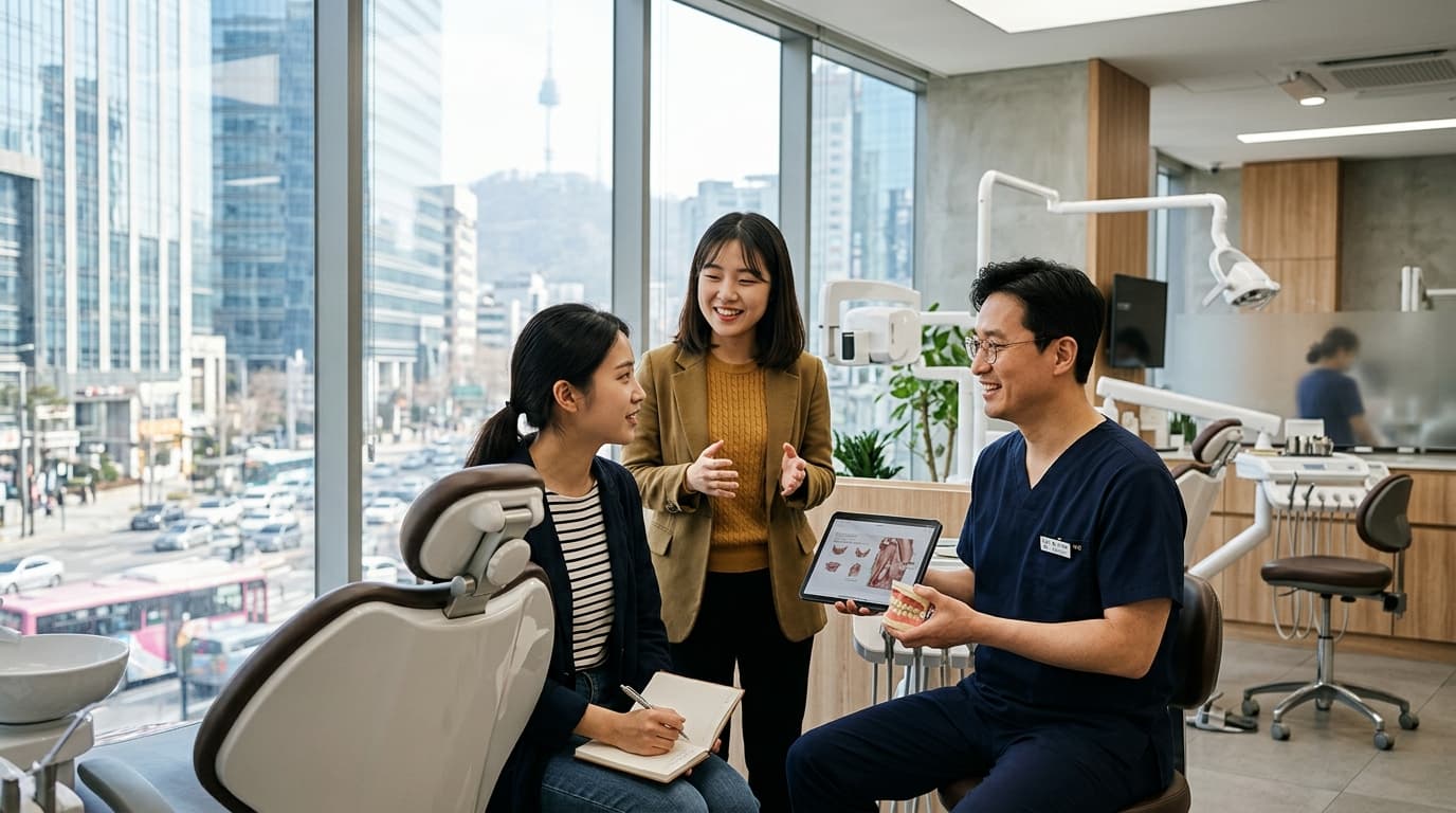 首爾現代牙科診所內,台灣女生與韓國牙醫及中文翻譯諮詢的情景