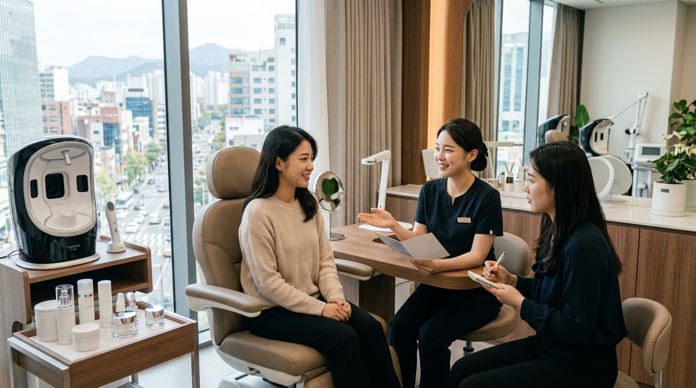 台灣女生在首爾醫美診所接受中文協助的情境,明亮現代