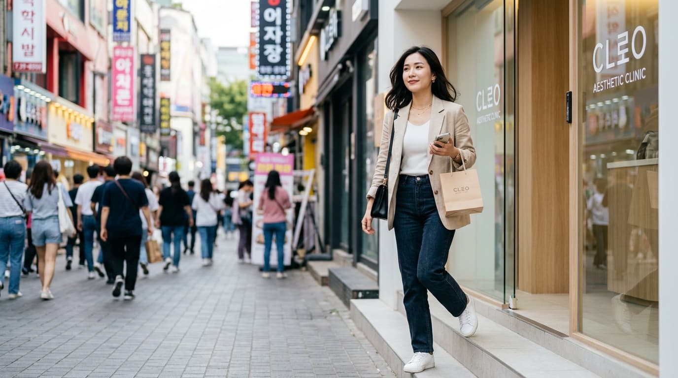 台灣年輕女性走出首爾醫美診所,後方為明洞熱鬧街景