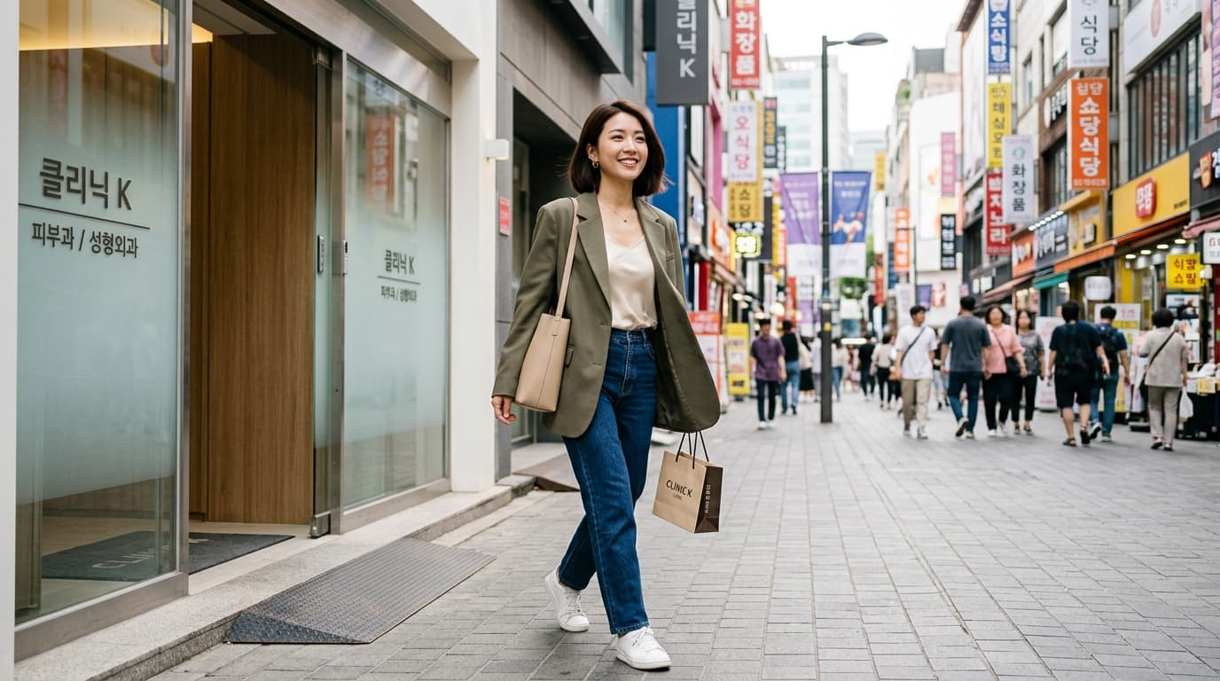 台灣女生走出首爾現代醫美診所,背景是明洞街區