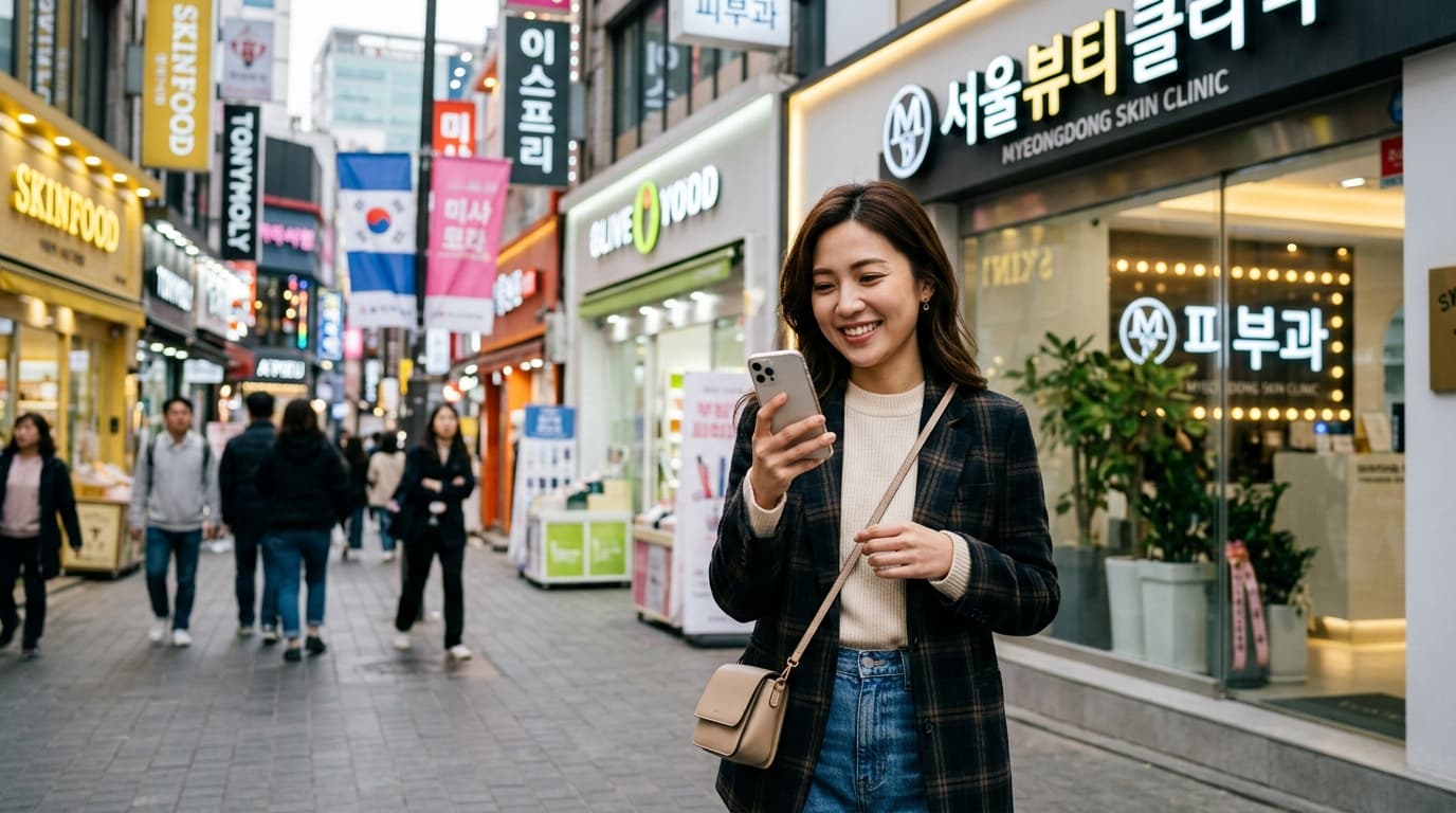台灣女生在明洞醫美診所門口,拿手機微笑準備進行療程