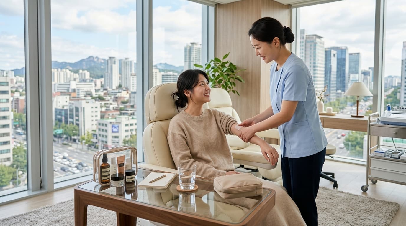 台灣女生在首爾現代醫美診所內享受療程,窗外可見首爾城市景色