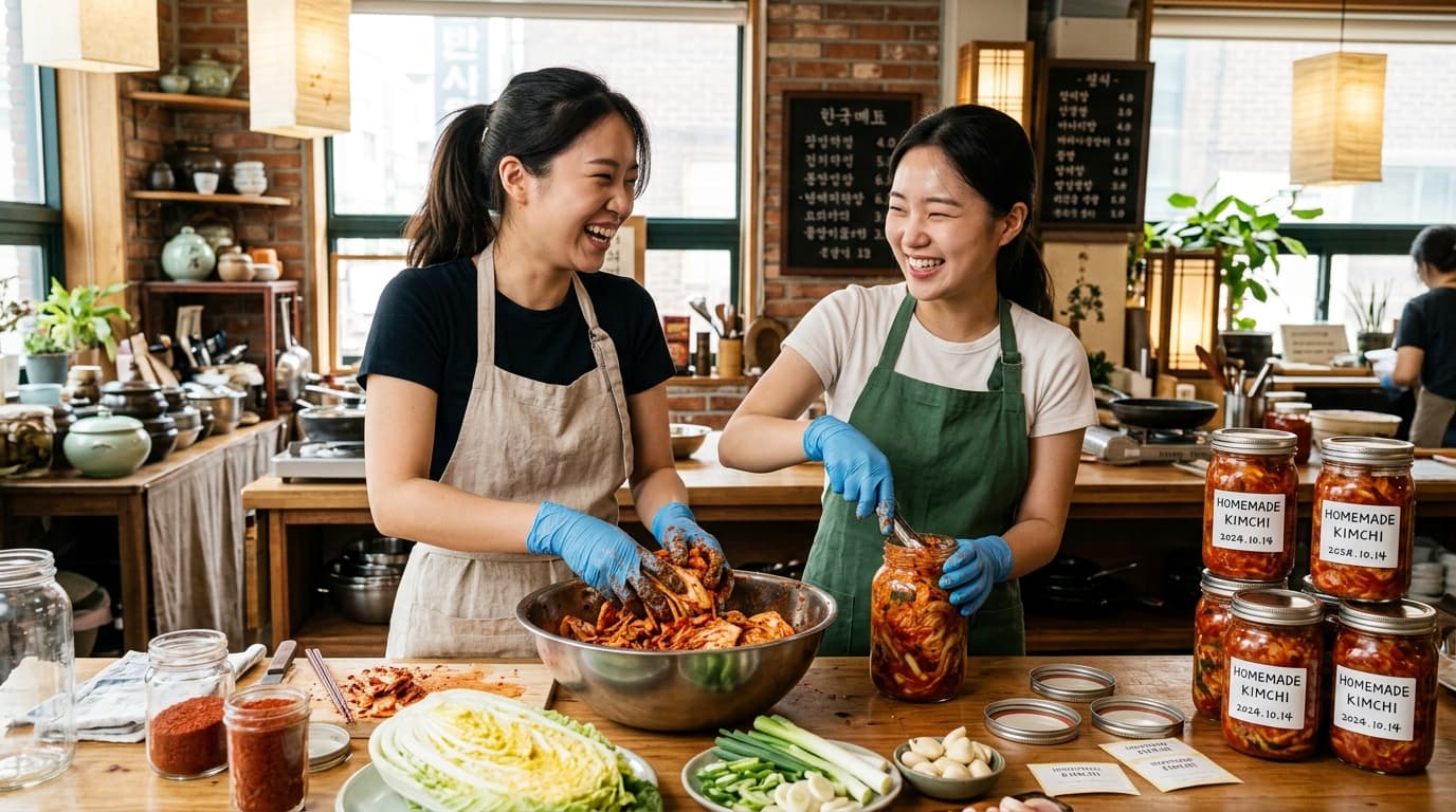 台灣女生在首爾泡菜教室體驗手作泡菜,現場明亮溫馨