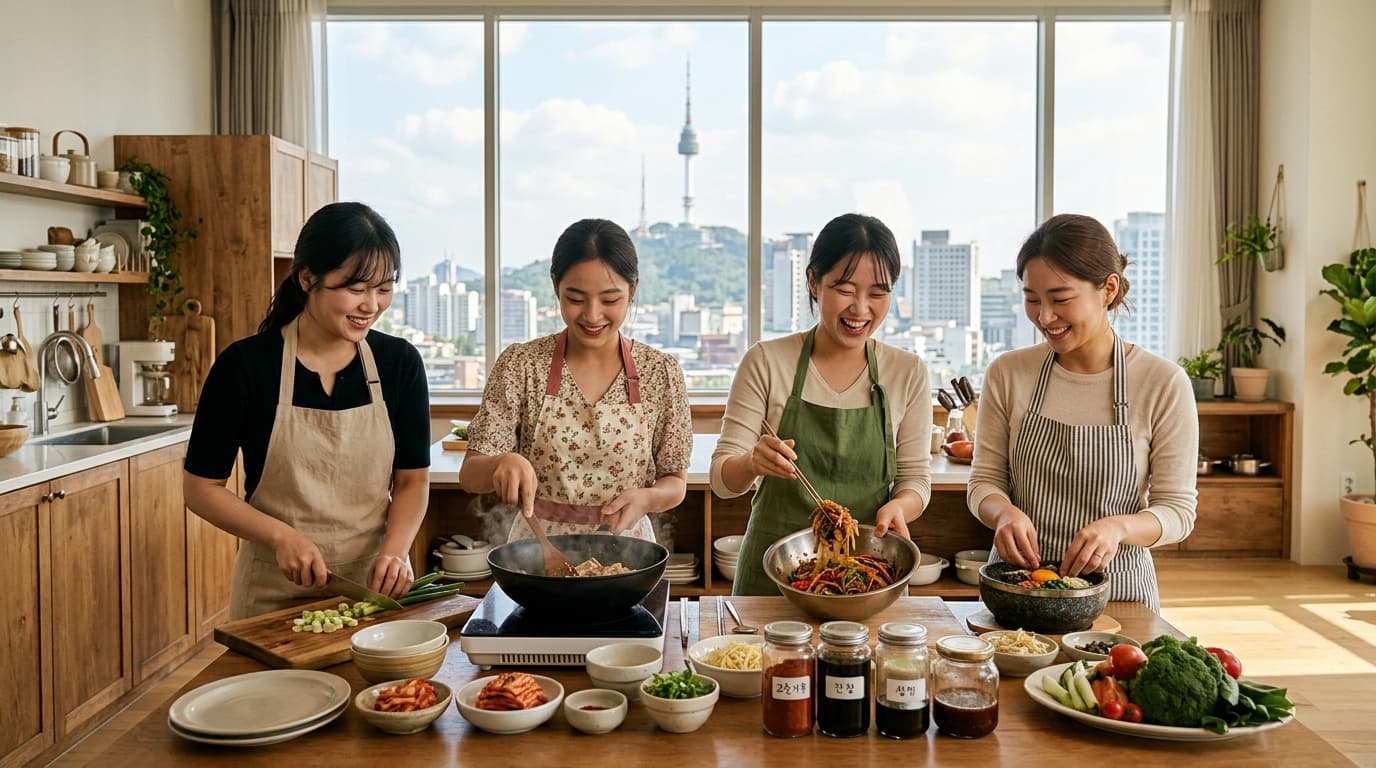 幾位年輕女性在首爾現代料理教室學做韓國家常菜
