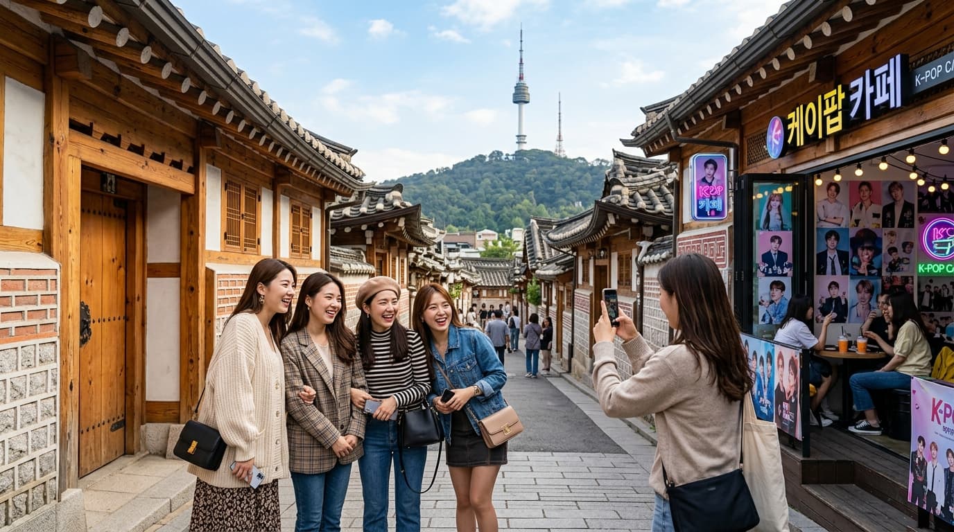 幾位台灣女生在首爾北村韓屋村打卡拍照,遠景有南山塔