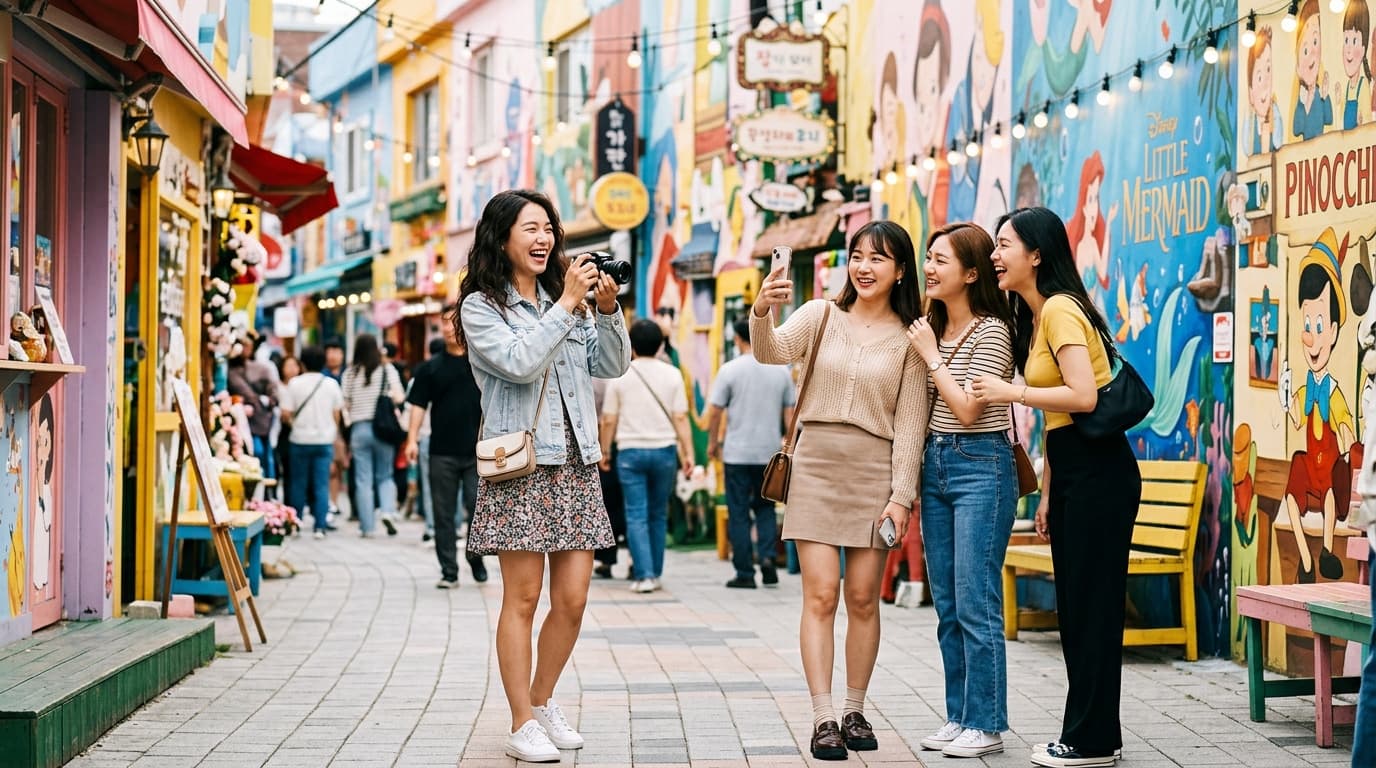 台灣女生在韓國仁川 K-POP 拍攝地拍照的現場氛圍