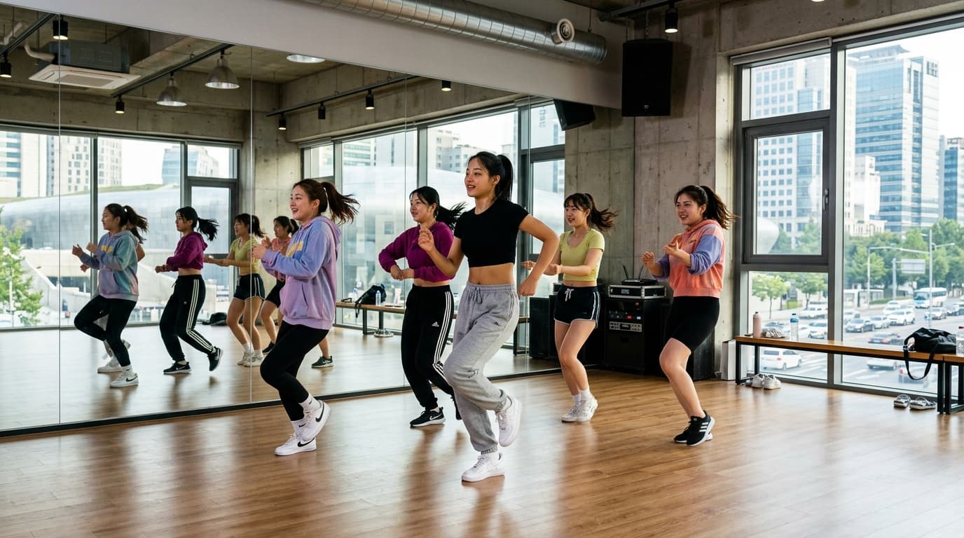 首爾現代 K-POP 舞蹈教室內,年輕女性練習偶像舞蹈的活力場景