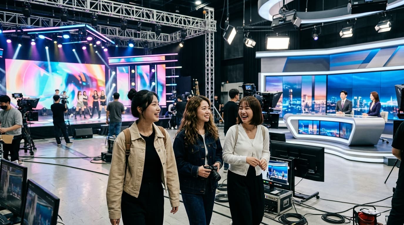 台灣女生在首爾電視台參觀主播台與 K-POP 舞台的現場照片