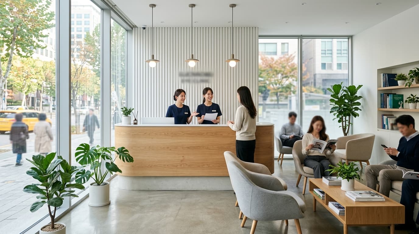 首爾江南 keye 眼科現代化接待大廳,窗外可見新沙洞街景