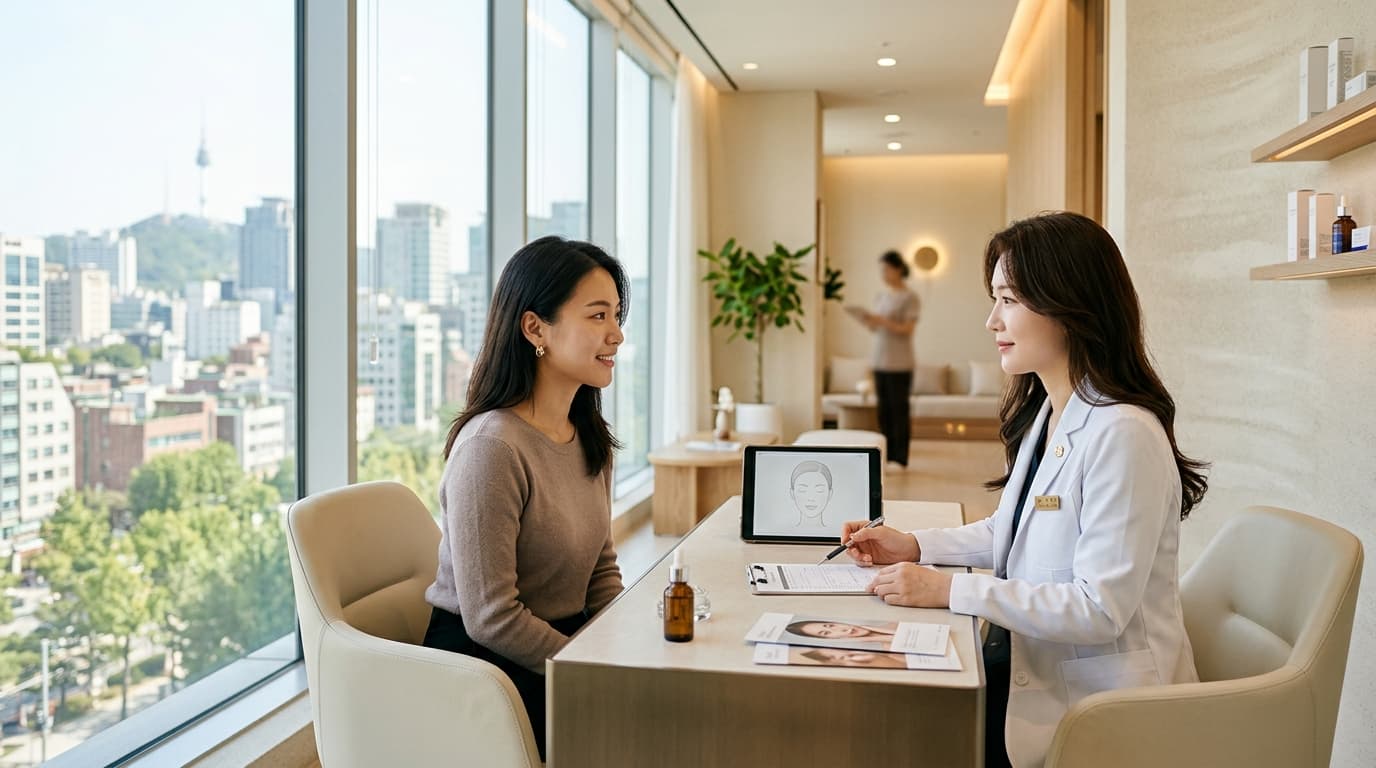 台灣女生在首爾現代醫美診所接受美容諮詢的情境