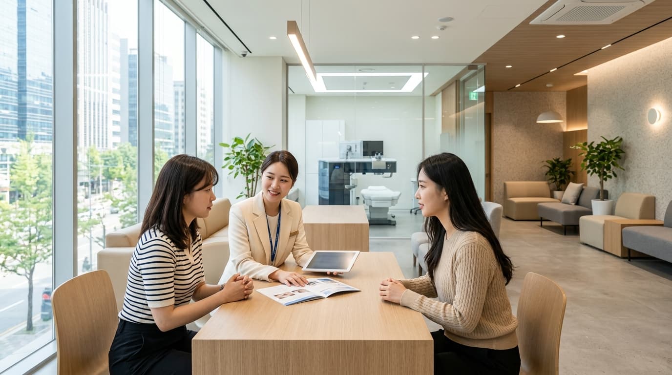 首爾江南現代眼科診所內部,年輕女性與工作人員諮詢的明亮場景