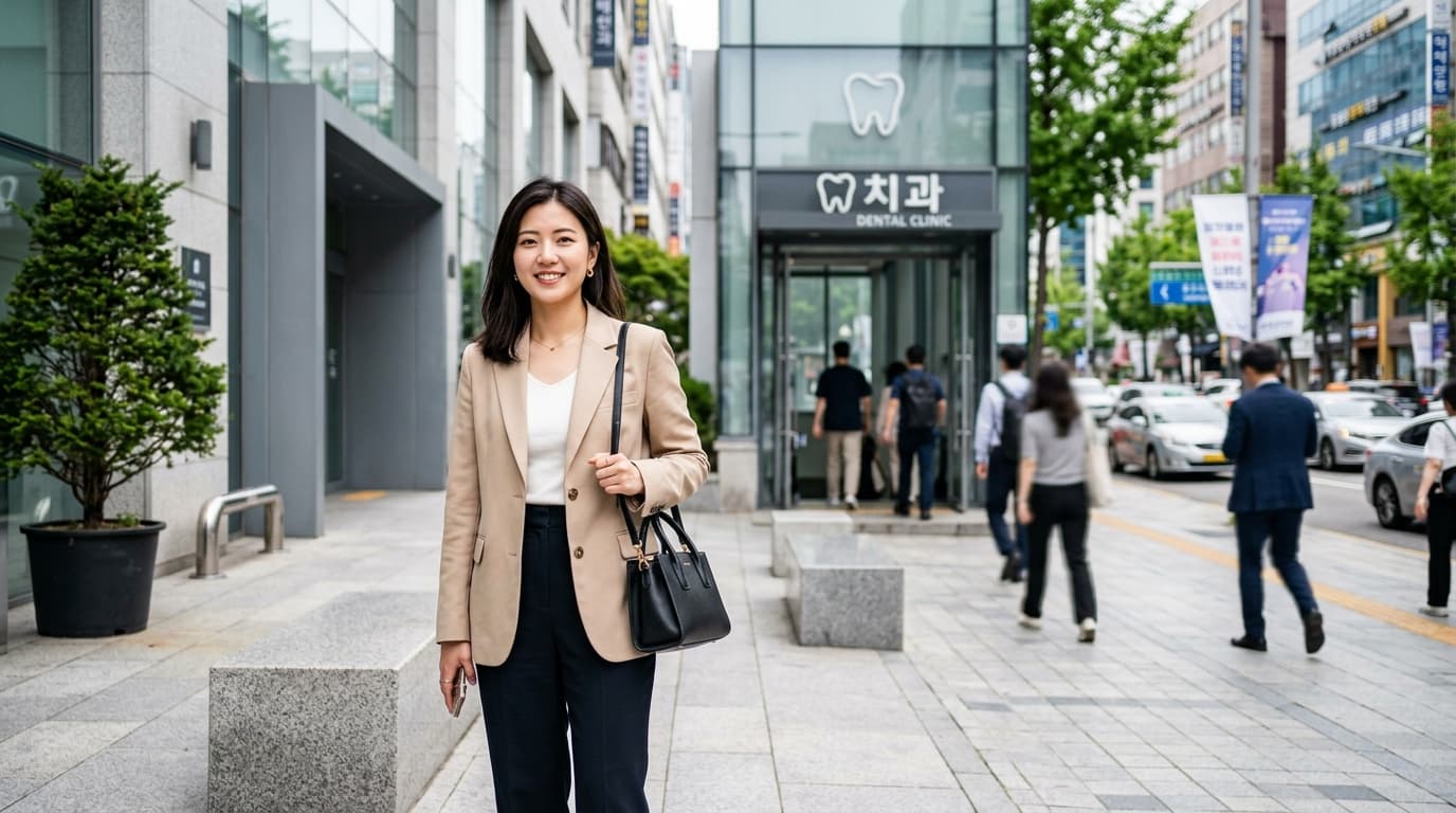 台灣女生站在首爾江南區現代牙科診所門口,背景為街道日常景色