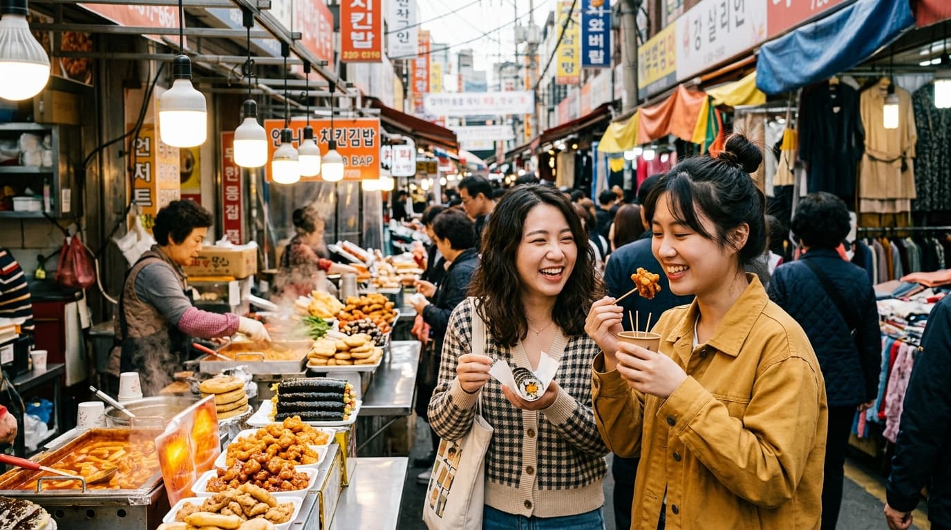 望遠市場內熱鬧的美食攤位,年輕台灣女生品嚐韓國小吃
