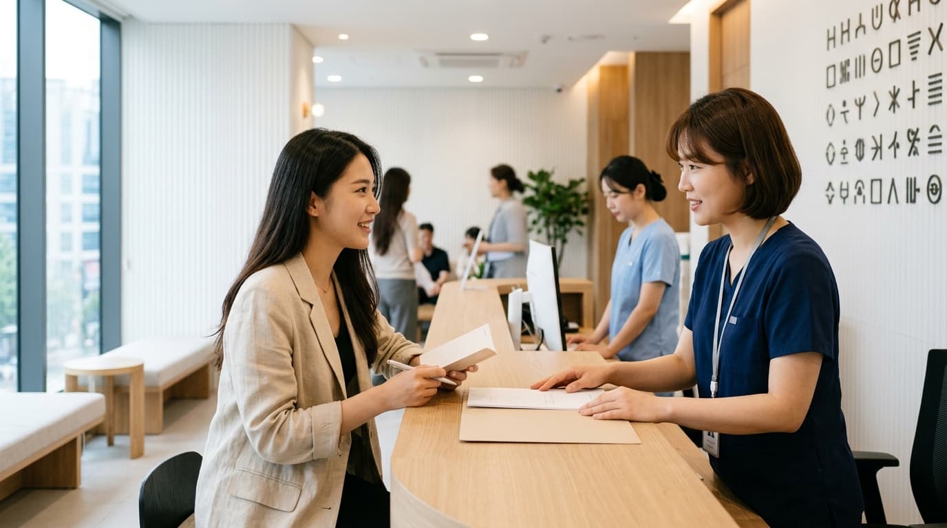 台灣女生在首爾現代化診所櫃檯與韓國醫護人員中文諮詢的情景