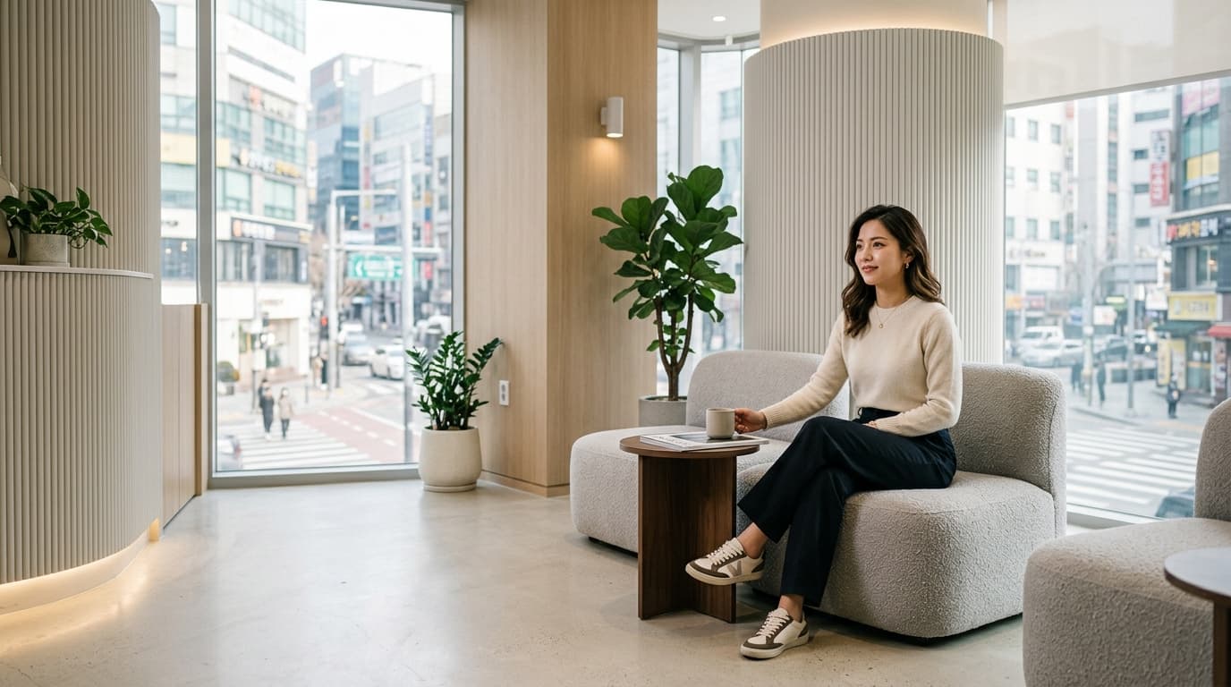 台灣女生在首爾現代醫美診所等候區等待療程,窗外可見韓國街景