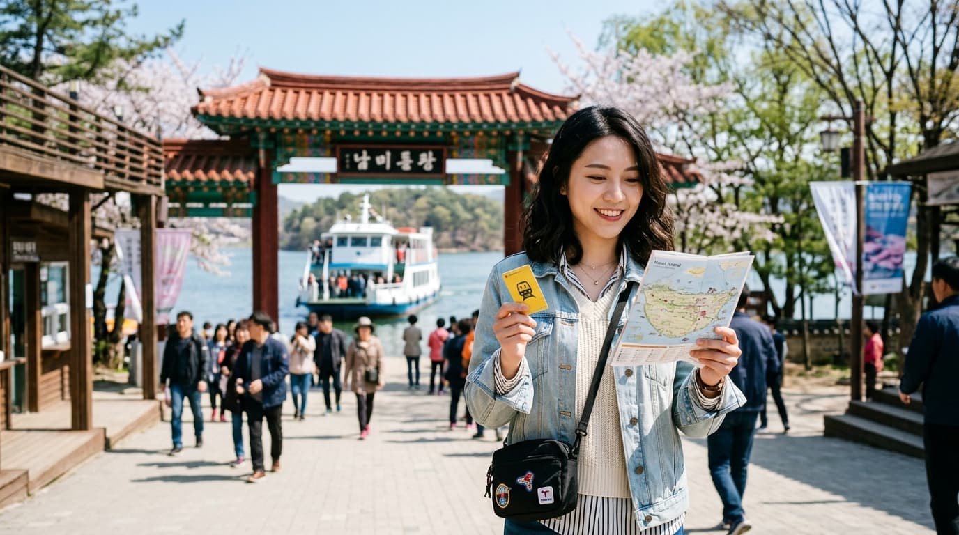 台灣女孩在南怡島碼頭,手持地圖與T-money卡,背景是南怡島入口與接駁船
