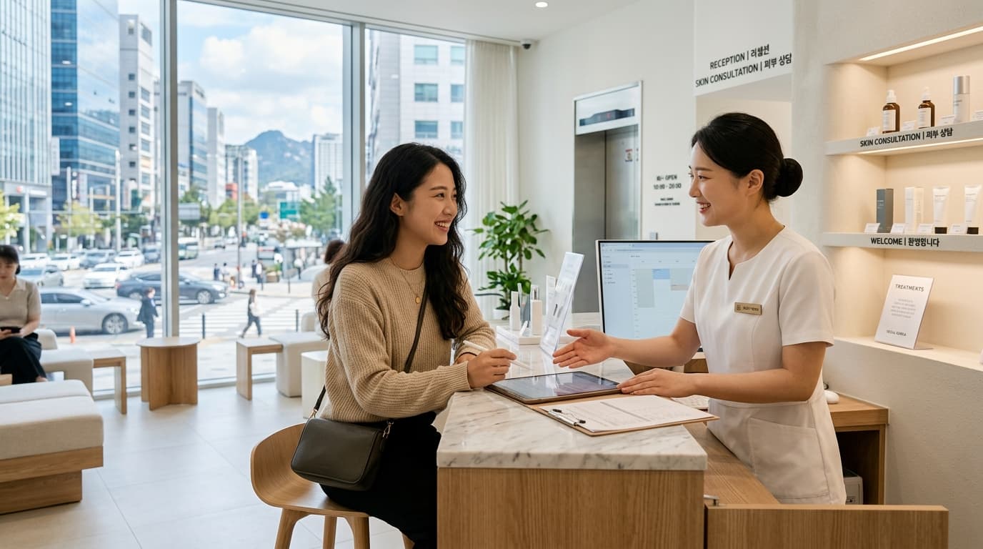 台灣女生於首爾現代醫美診所接受櫃台人員協助