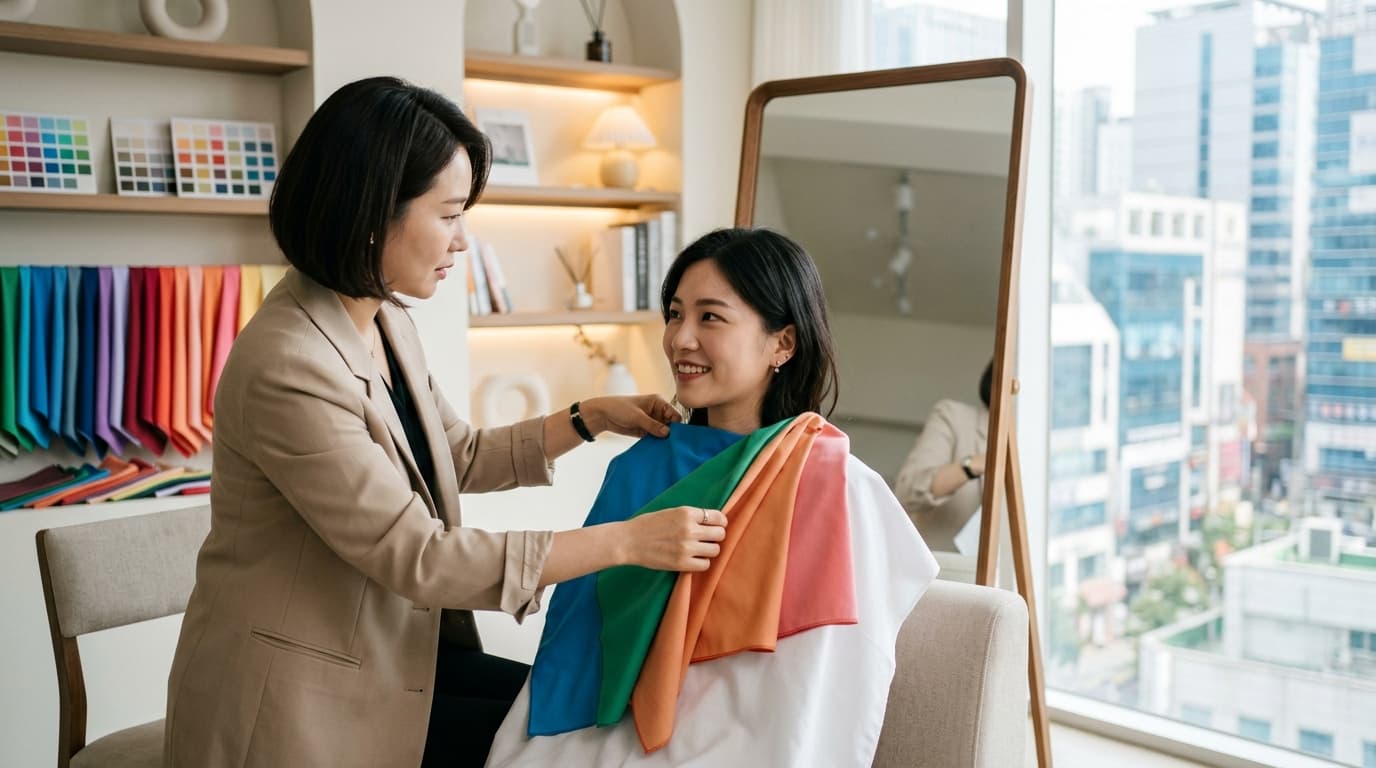 首爾時尚個人色彩診斷工作室內,台灣女生現場體驗分析