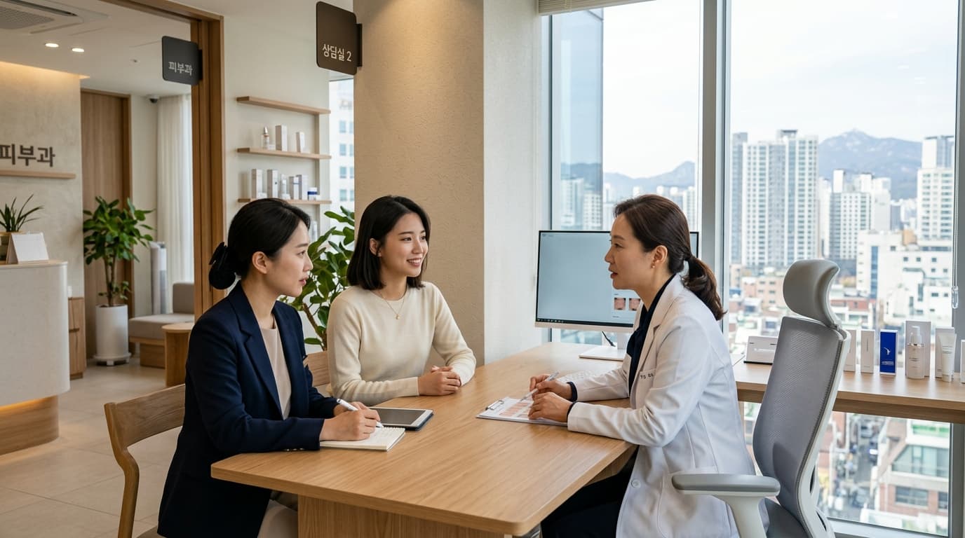 年輕台灣女生在首爾皮膚科診所,中文翻譯陪同諮詢
