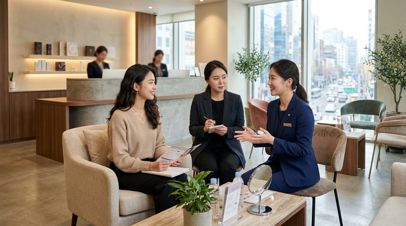 台灣女生在首爾皮膚科診所由中文翻譯協助諮詢毛孔雷射