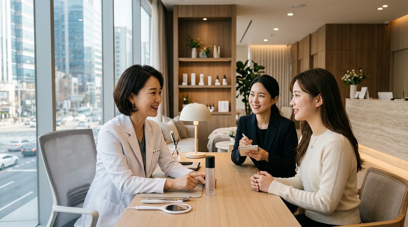 首爾江南現代醫美診所內,醫師與台灣女生及翻譯專員親切諮詢的情景