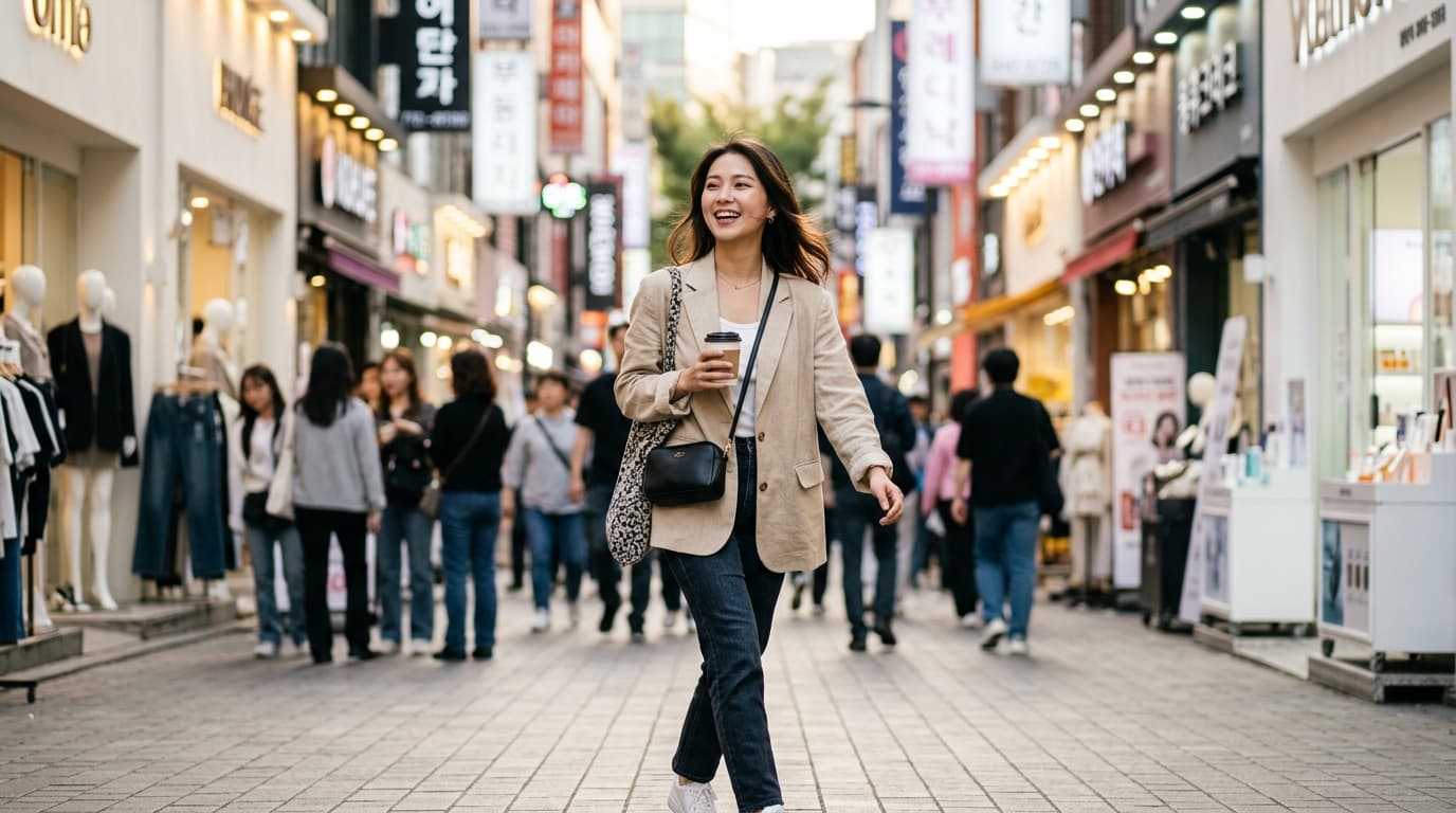 台灣女生在首爾明洞街頭,旁有韓國美妝與診所