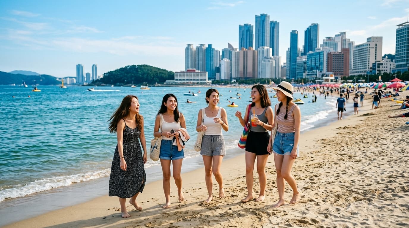 台灣年輕女生在釜山海雲台沙灘開心拍照的現場照