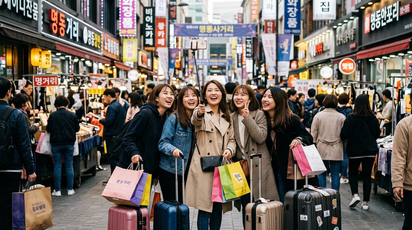 台灣女生在首爾明洞街頭拉著行李箱和購物袋自拍的生活場景