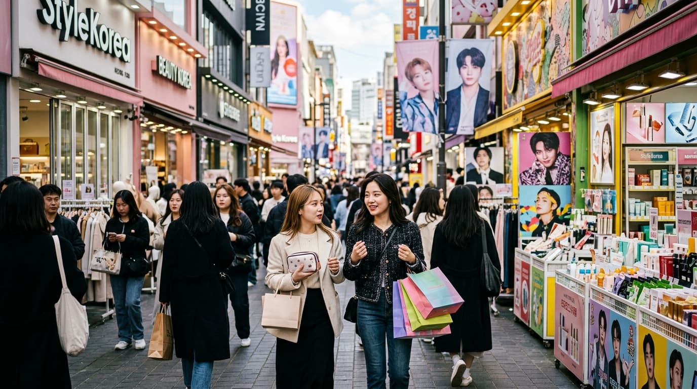 2026年明洞街頭,年輕女性在美妝與時尚店家前逛街的實景照片