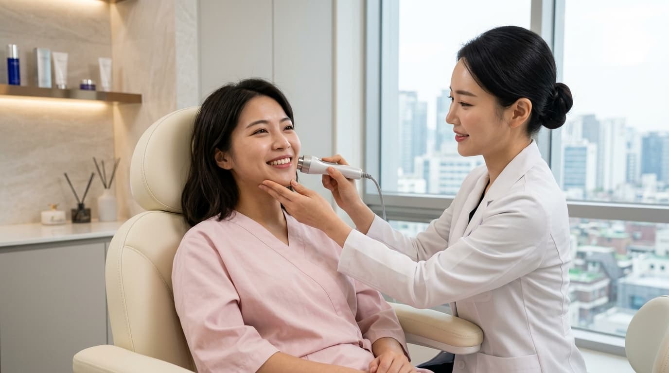 台灣女生在首爾醫美診所接受緊膚療程,現場明亮專業
